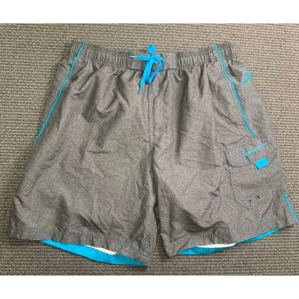Speedo Mens Swim Trunks Gray Blue Embroidered Logo Cargo Pocket Size XL